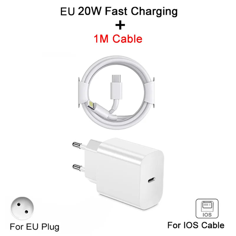 20W PD Fast EU Desktop Charger Wall Charger for IPhone 11 12 13 14 Pro Max Super Rapid Charging USB C PD Cable 1m 1.5m 2m