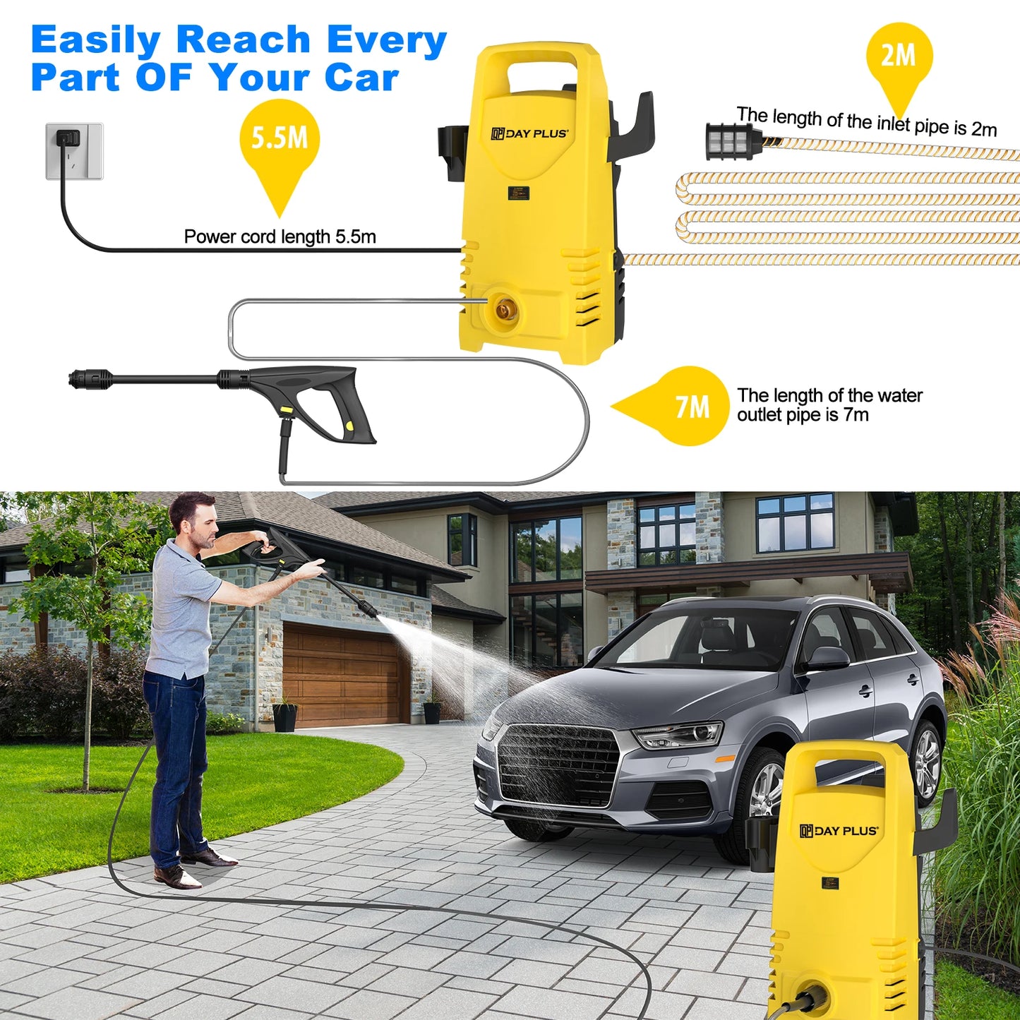 DayPlus 5000W High Pressure Washer Portable Jet Wash Car Patio Garden Driveway Cleaner Machine Wash Patio Floor, 350Bar/5000PSI
