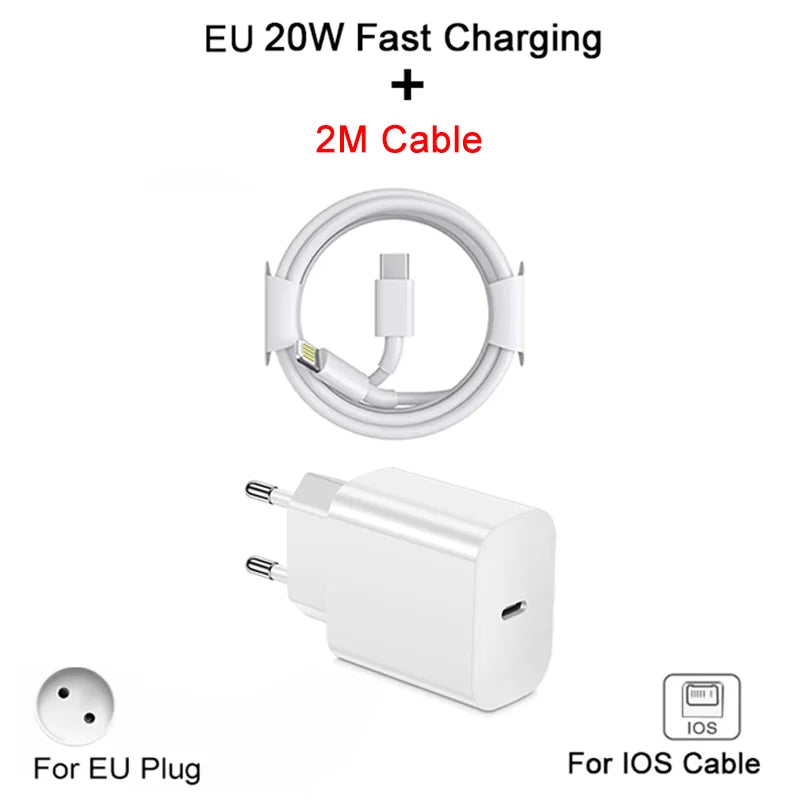20W PD Fast EU Desktop Charger Wall Charger for IPhone 11 12 13 14 Pro Max Super Rapid Charging USB C PD Cable 1m 1.5m 2m