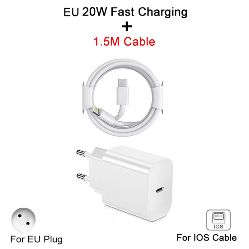 20W PD Fast EU Desktop Charger Wall Charger for IPhone 11 12 13 14 Pro Max Super Rapid Charging USB C PD Cable 1m 1.5m 2m