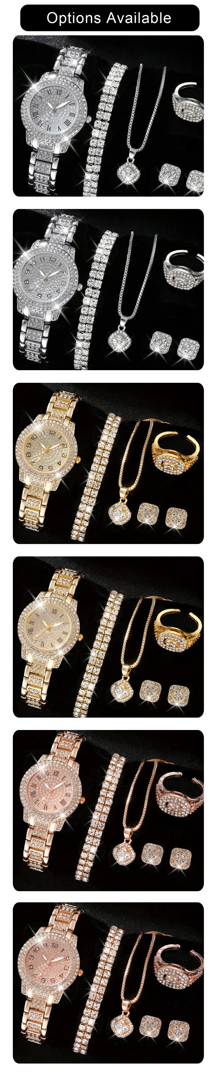 6PCS Women Watch Luxury Elegant Alloy Watch Crystal Wristwatch For Ladies