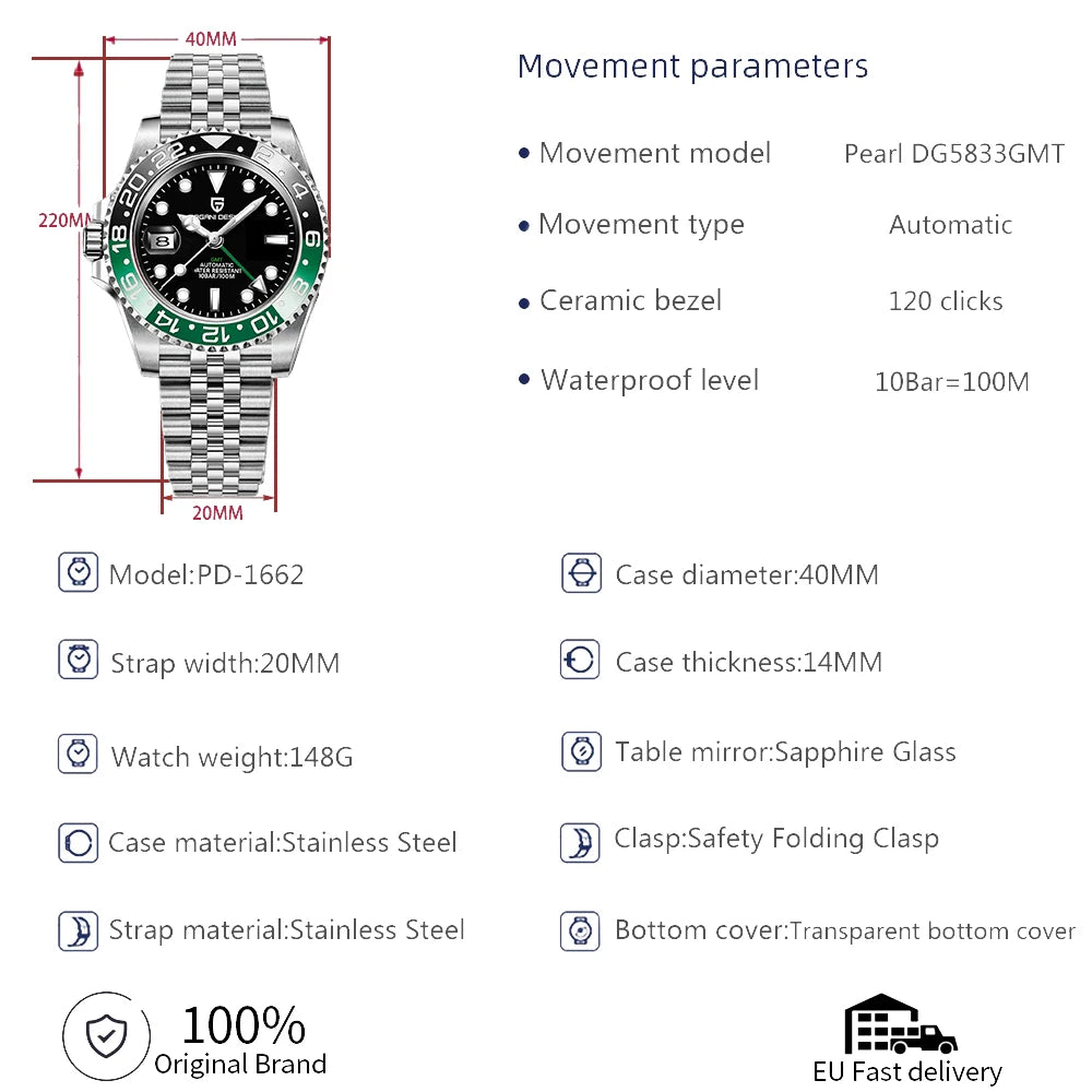 Luxury Watch GMT Men Mechanical Wristwatch Sapphire Glass Stainless Steel 100M Waterproof Automatic Watches
