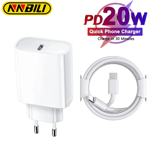 20W PD Fast EU Desktop Charger Wall Charger for IPhone 11 12 13 14 Pro Max Super Rapid Charging USB C PD Cable 1m 1.5m 2m