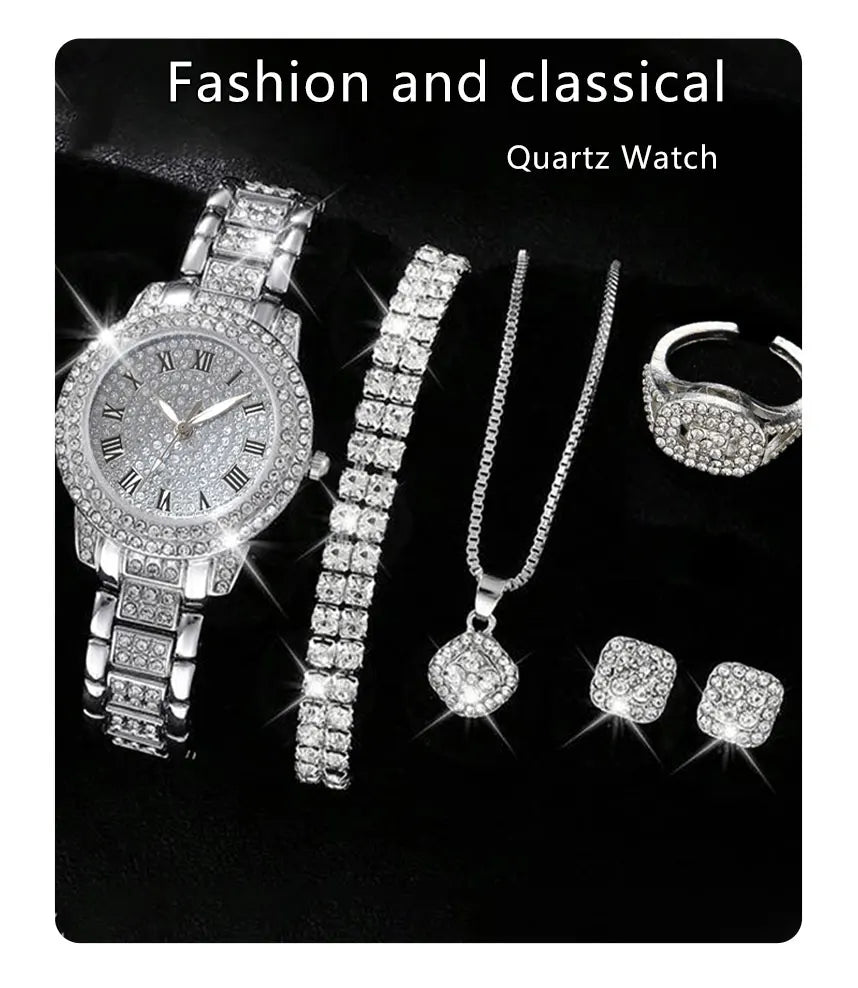 6PCS Women Watch Luxury Elegant Alloy Watch Crystal Wristwatch For Ladies